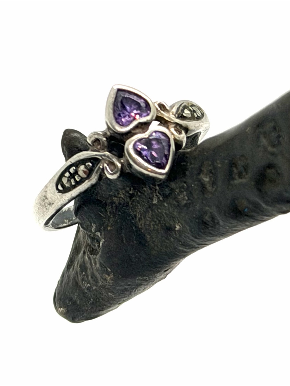 Vintage Stamped .925 Sterling Silver Amethyst Heart & Zircon Avon Ring